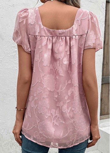 Pink tops,Plain Color tops,Ruched Pink Square Neck Short Sleeve Blouse
