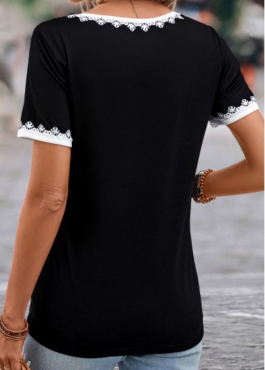 Black tops,Tribal tops,Floral tops,Patchwork Tribal Print Black V Neck T Shirt