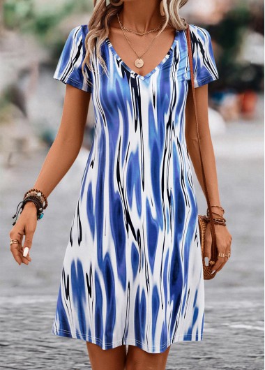 Dark Blue dresses,White dresses,Striped dresses,Dark Blue A Line V Neck Dress