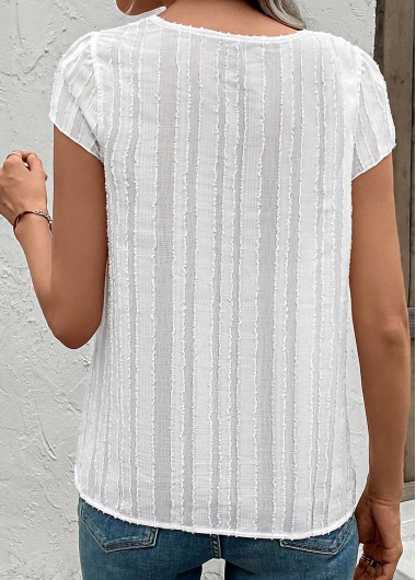 White tops,Plain Color tops,Tie White Round Neck Short Sleeve Blouse