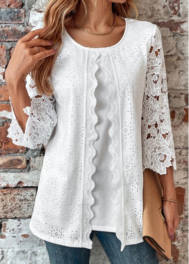 ROTITA Lace White Round Neck T Shirt
