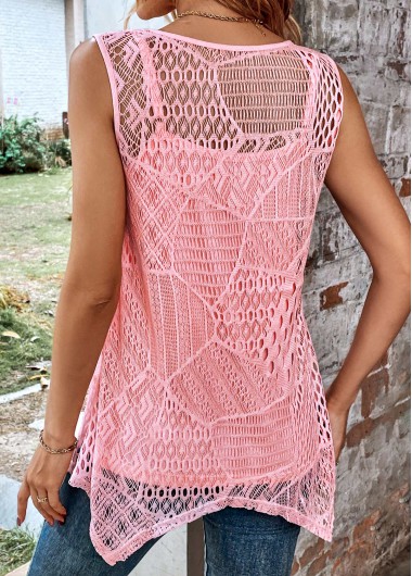 Pink tops,Plain Color tops,ROTITA Two Piece Pink Round Neck Tank Top