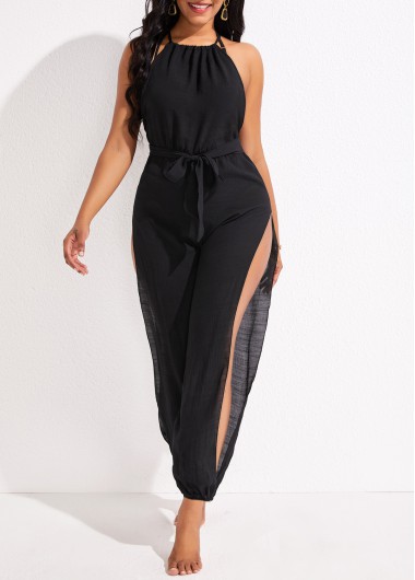Cutout Tie Split Black Beach Jumpsuit