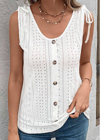 White tops,Plain Color tops,Button White Scoop Neck Tank Top