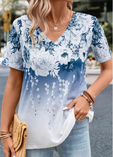 Floral Print Blue V Neck T Shirt