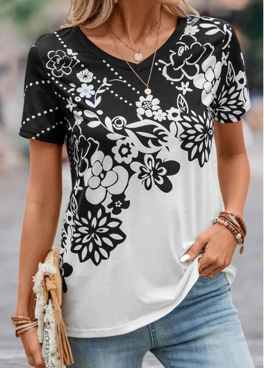 Black tops,White tops,Floral tops,Dot tops,Plants tops,Lightweight Floral Print Black V Neck T Shirt