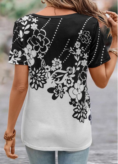 Black tops,White tops,Floral tops,Dot tops,Plants tops,Lightweight Floral Print Black V Neck T Shirt