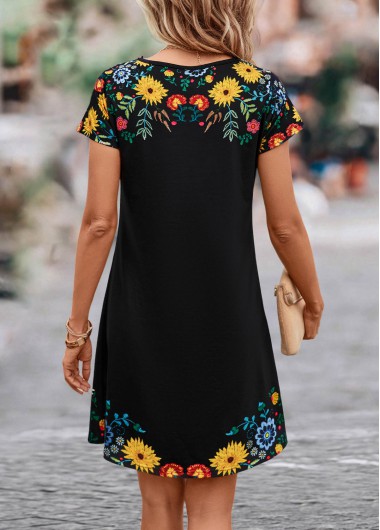 Black dresses,Floral dresses,Plants dresses,Patchwork Floral Print Black Short Shift Dress