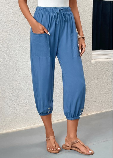 Blue bottoms,Plain Color bottoms,Pocket Blue Elastic Waist High Waisted Pants