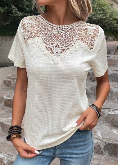 ROTITA Patchwork Beige Round Neck Short Sleeve T Shirt