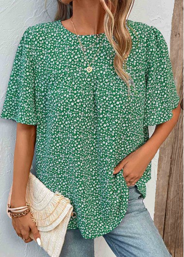 Green tops,Ditsy Floral tops,Plants tops,Button Ditsy Floral Print Green Round Neck Blouse