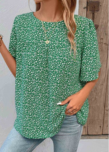 Green tops,Ditsy Floral tops,Plants tops,Button Ditsy Floral Print Green Round Neck Blouse