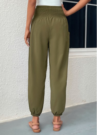 Blackish Green bottoms,Plain Color bottoms,Smocked Blackish Green Regular Elastic Waist Pants