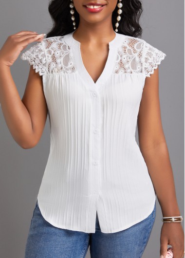 White tops,Plain Color tops,Lace White Split Neck Short Sleeve T Shirt