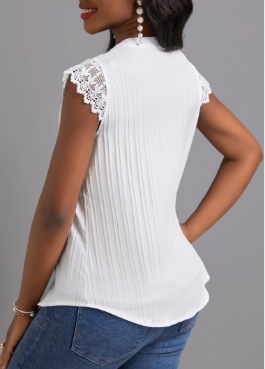 White tops,Plain Color tops,Lace White Split Neck Short Sleeve T Shirt