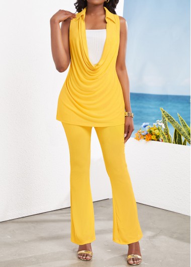 Patchwork Yellow Flare Leg Draped Neck Top and Pants