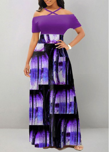 Purple dresses,Ombre dresses,Geometric dresses,ROTITA Criss Cross Ombre Purple Off Shoulder Maxi Dress