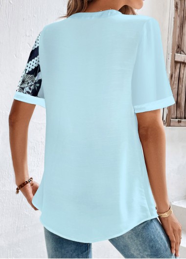 Light Blue tops,Striped tops,Floral tops,Plants tops,Geometric tops,ROTITA Plus Size Button Light Blue Striped Split Neck Shirt