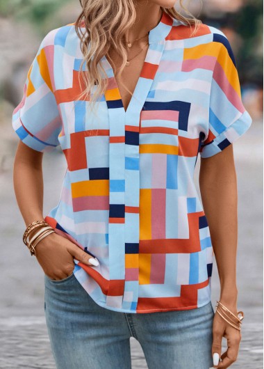 Multi Color tops,Geometric tops,Lightweight Geometric Print Multi Color Split Neck Blouse