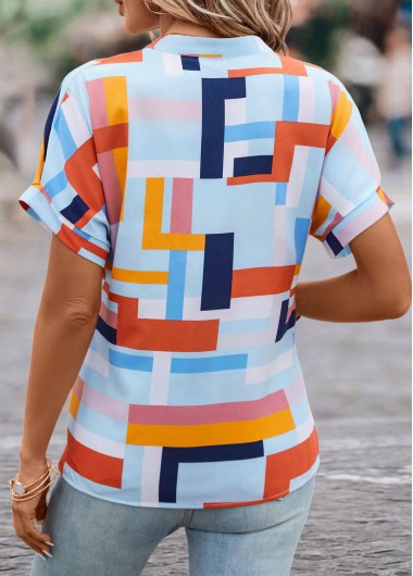 Multi Color tops,Geometric tops,Lightweight Geometric Print Multi Color Split Neck Blouse