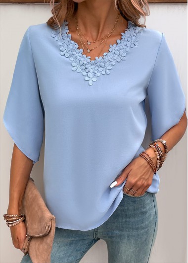 Patchwork Dusty Blue V Neck Half Sleeve Blouse