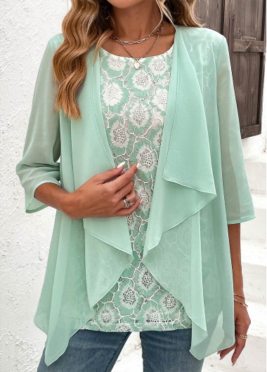 Mint Green tops,Plain Color tops,ROTITA Mint Green Round Neck Fake Two Piece Twinset