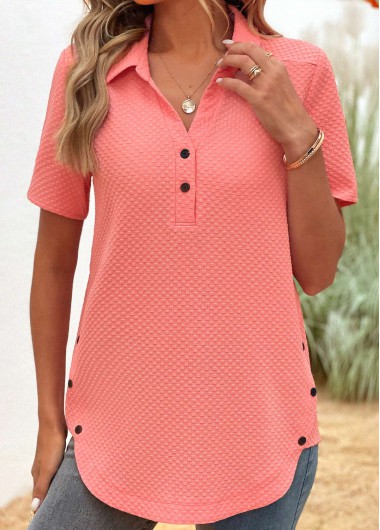 ROTITA Button Coral Shirt Collar Short Sleeve Blouse