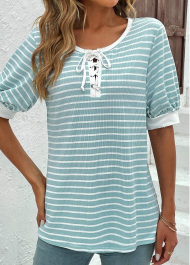 Mint Green tops,Plain Color tops,ROTITA Lace Up Mint Green Round Neck T Shirt