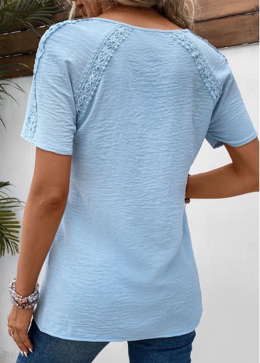 Light Blue tops,Plain Color tops,ROTITA Patchwork Light Blue Split Neck Short Sleeve Blouse