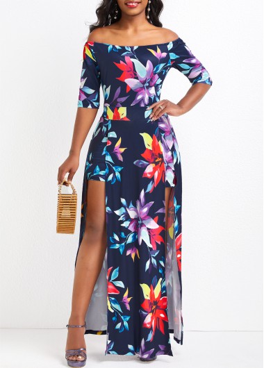 Split Floral Print Multi Color Short Skinny Jumpsuit