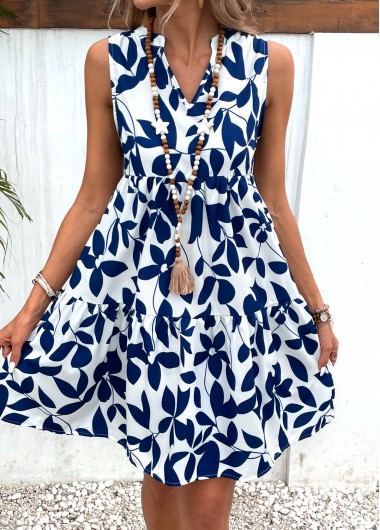 Ruched Leaf Print Navy Short A Line Dress