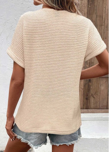 Beige tops,Plain Color tops,ROTITA Button Beige V Neck Short Sleeve T Shirt