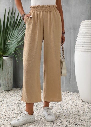 Light Camel bottoms,Plain Color bottoms,Pocket Light Camel Elastic Waist High Waisted Pants