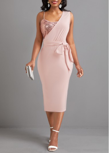 Sequin Light Pink Belted Sleeveless Bodycon Dress