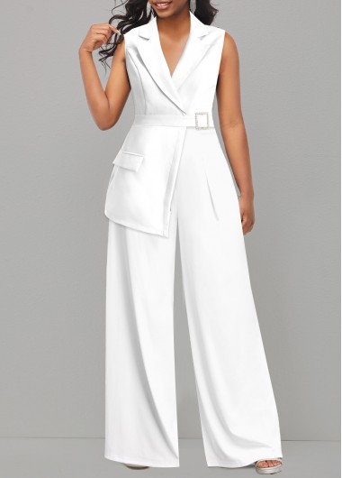White jumpsuits & rompers,Plain Color jumpsuits & rompers,ROTITA Asymmetry White Long Lapel Sleeveless Jumpsuit