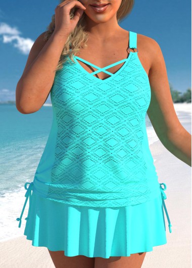 Cyan plus size,Plain Color plus size,ROTITA Plus Size Mid Waisted Circular Ring Cyan Tankini Set