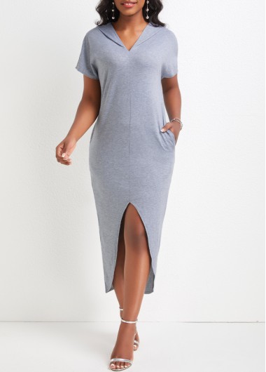 Pocket Light Grey Hooded Short Sleeve Bodycon Dress