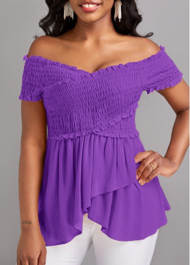 Neon Violet tops,Plain Color tops,ROTITA Smocked Neon Violet Off Shoulder T Shirt
