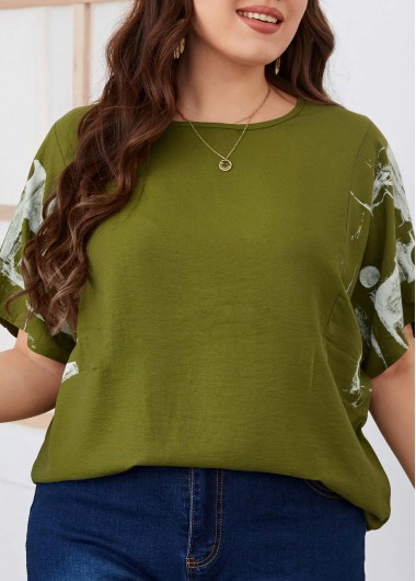 Plus Size Olive Green Round Neck T Shirt