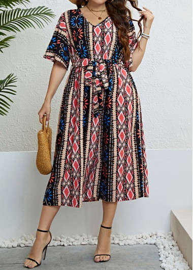 Plus Size Tie Multi Color Belted Dress