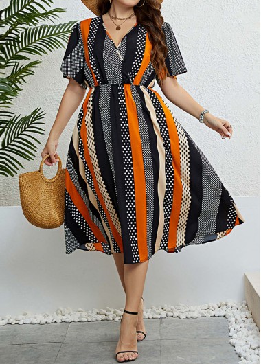 Plus Size Multi Color V Neck Dress