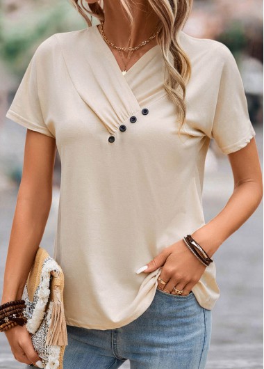 Button Light Camel V Neck T Shirt