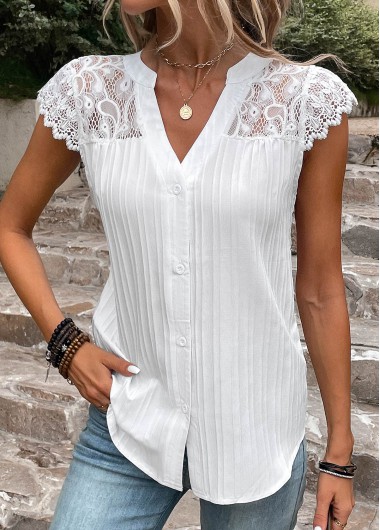 ROTITA Lace White Split Neck Short Sleeve Blouse