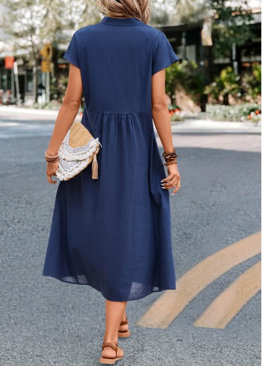 Navy dresses,Plain Color dresses,Everyday dresses,Casual dresses,Pocket Navy Stand Collar Shift Dress