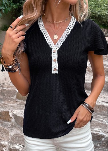 Lace Black V Neck Short Sleeve T Shirt