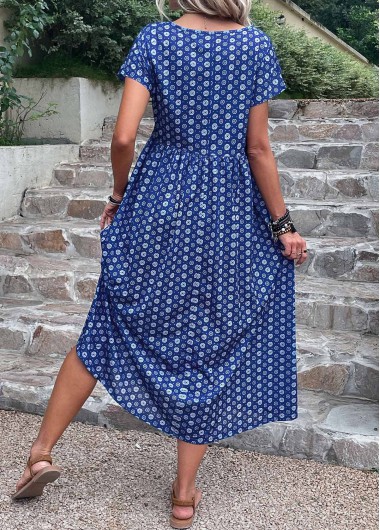 Dark Blue dresses,Geometric dresses,Dot dresses,Everyday dresses,Casual dresses,ROTITA Pocket Geometric Print Dark Blue A Line Dress