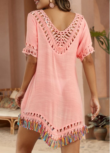 Pink swimwear,Plain Color swimwear,ROTITA Patchwork V Neck Pink Cover Up