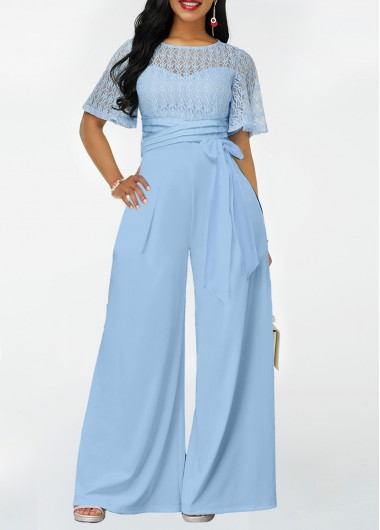 Light Blue jumpsuits & rompers,Plain Color jumpsuits & rompers,ROTITA Lace Light Blue Long Round Neck Jumpsuit