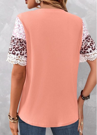 Pink tops,Leopard tops,ROTITA Patchwork Leopard Pink Round Neck T Shirt