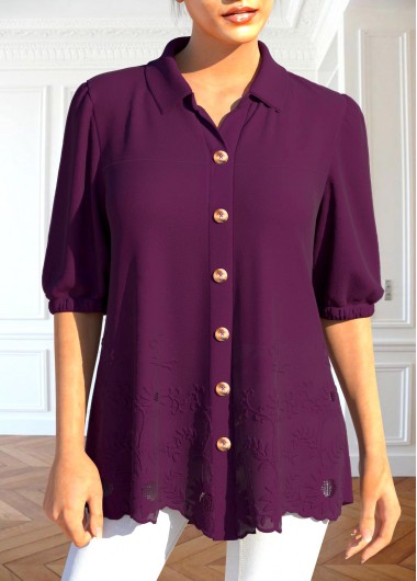 Dark Reddish Purple tops,Plain Color tops,ROTITA Patchwork Dark Reddish Purple Shirt Collar Blouse